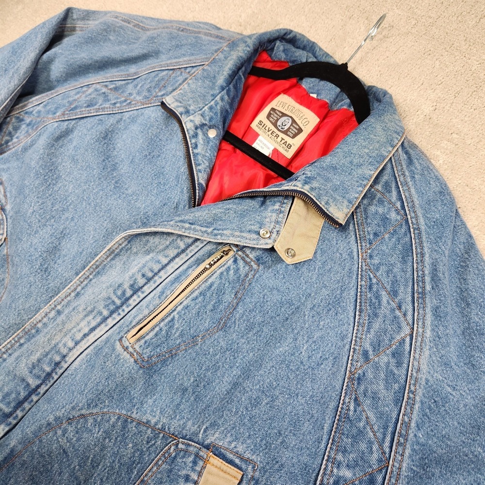 Vintage Levis Silvertab Jacket Men Medium Denim Chinstrap Bomber Insulated